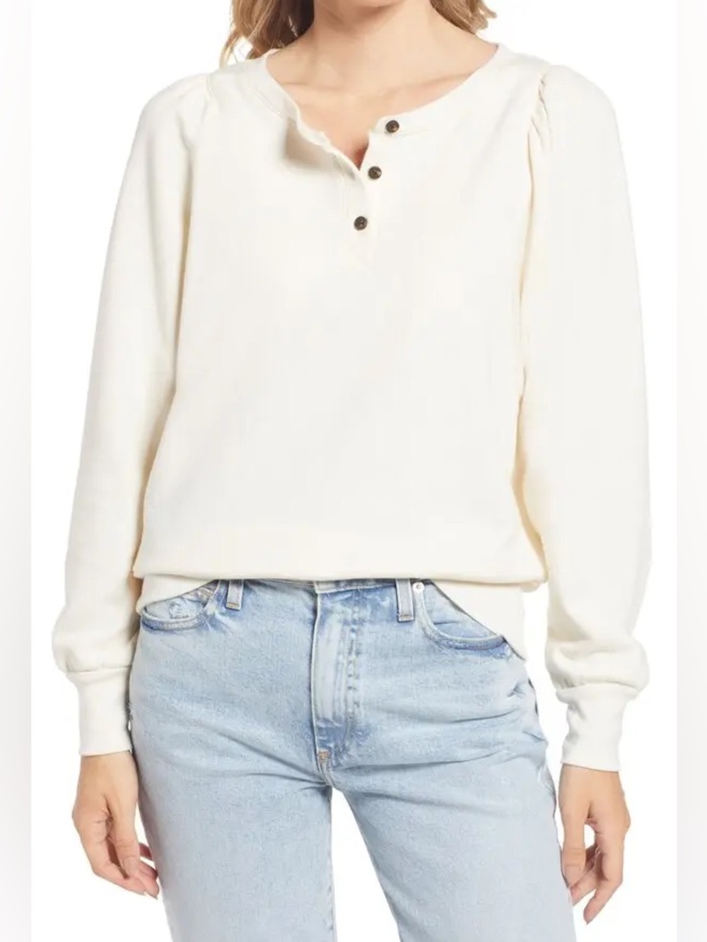 Madewell Henley Puff Sleeve Sweatshirt In Antique Cream XS